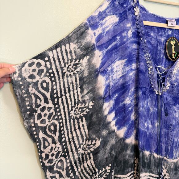 SHORELINE Swim Cover Up 2XL Kaftan Tie Dye Lace Up Tassel Boho Summer Blue NWT - Picture 3 of 7